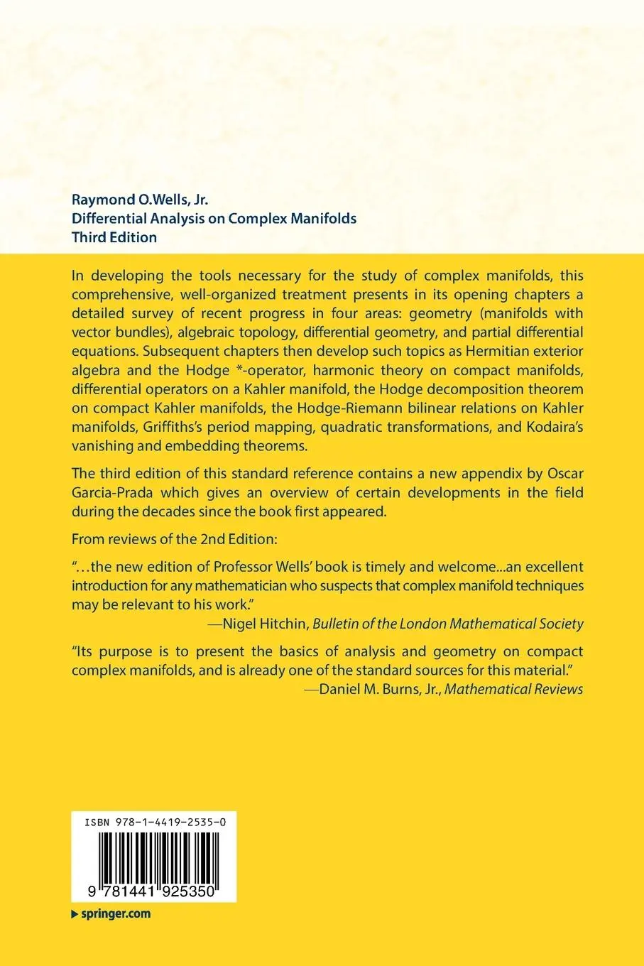 Rückseite: 9781441925350 | Differential Analysis on Complex Manifolds | Raymond O. Wells | Buch