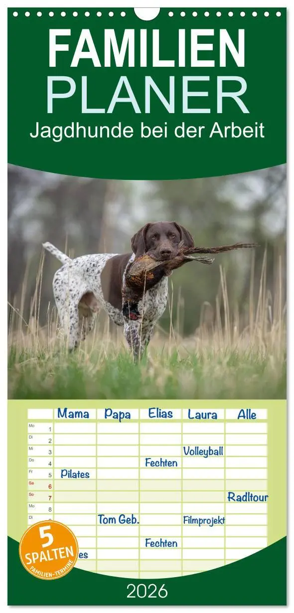 Cover: 9783516515350 | Familienplaner 2026 - Jagdhunde bei der Arbeit mit 5 Spalten...