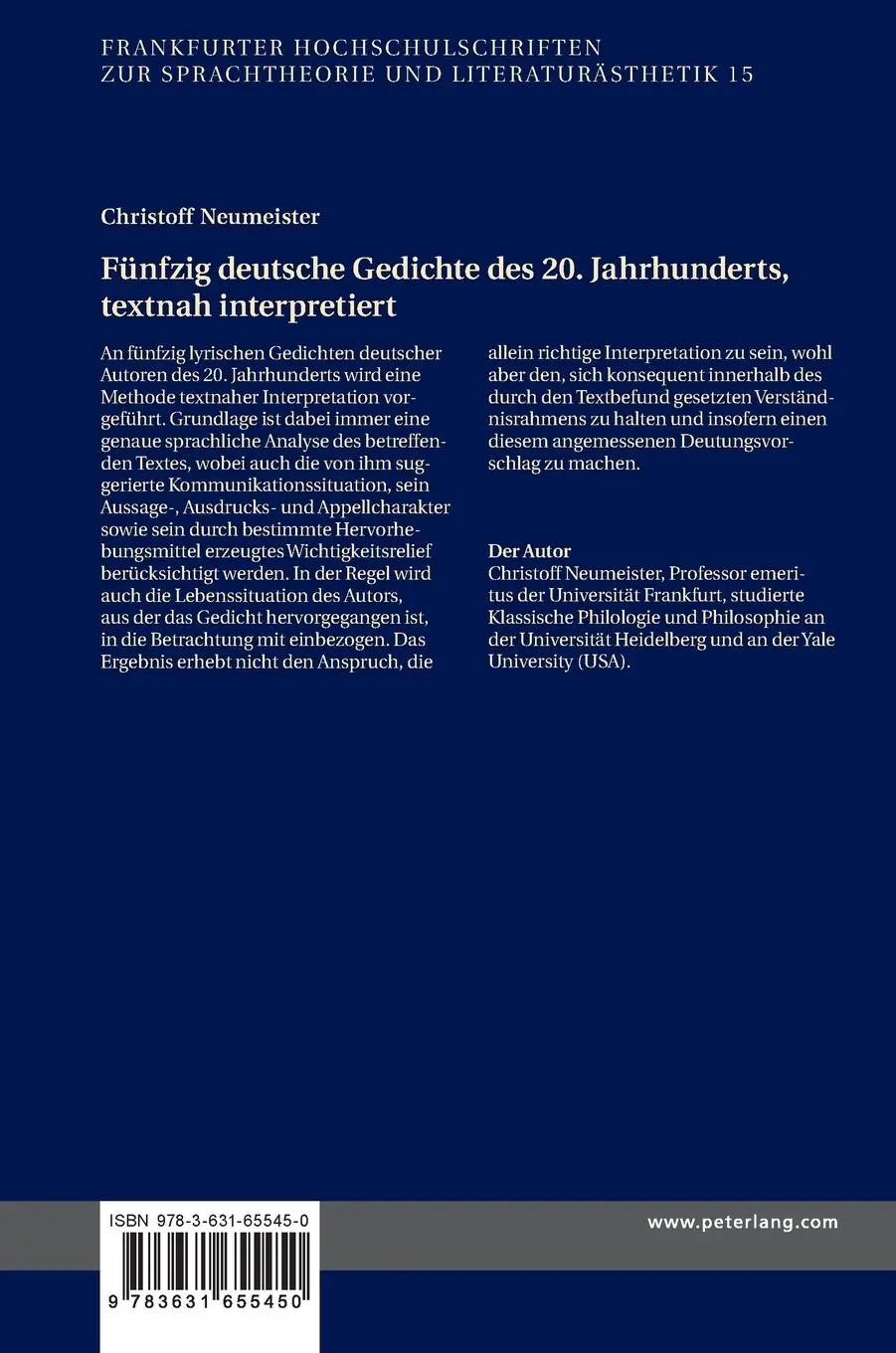 Rückseite: 9783631655450 | Fünfzig deutsche Gedichte des 20. Jahrhunderts, textnah interpretiert
