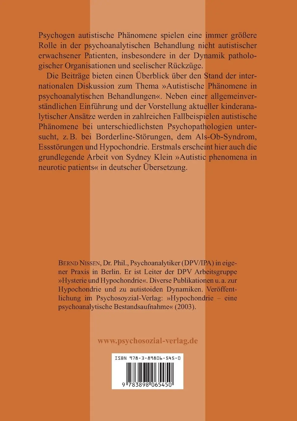 Rückseite: 9783898065450 | Autistische Phänomene in psychoanalytischen Behandlungen | Nissen