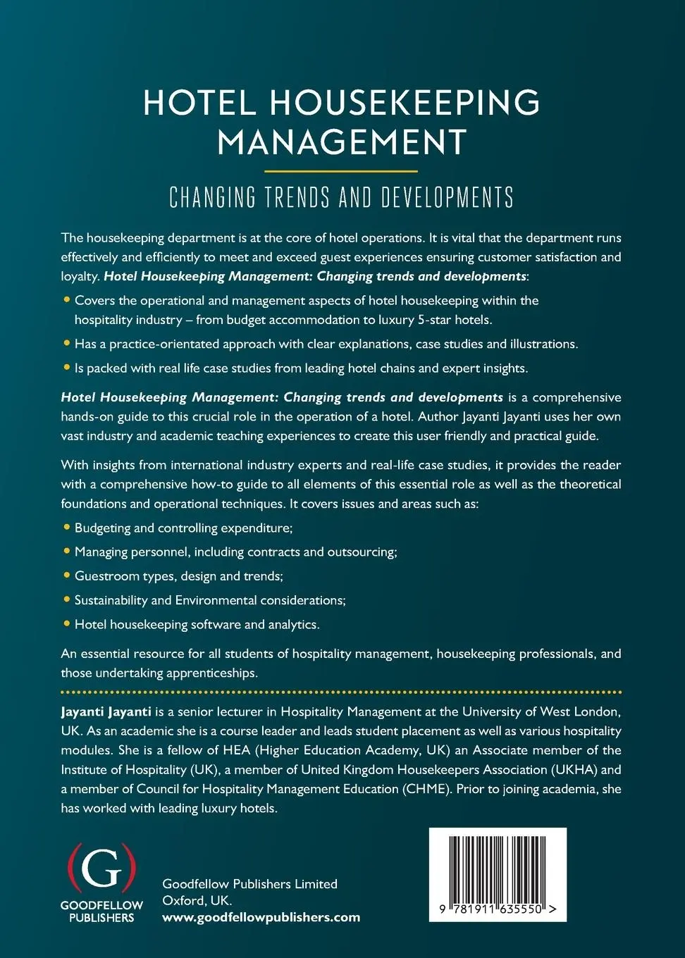 Rückseite: 9781911635550 | Hotel Housekeeping Management | Changing trends and developments