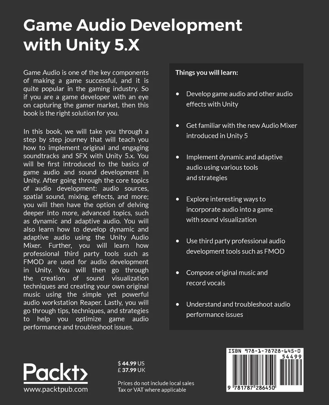 Rückseite: 9781787286450 | Game Audio Development with Unity 5.X | Micheal Lanham | Taschenbuch