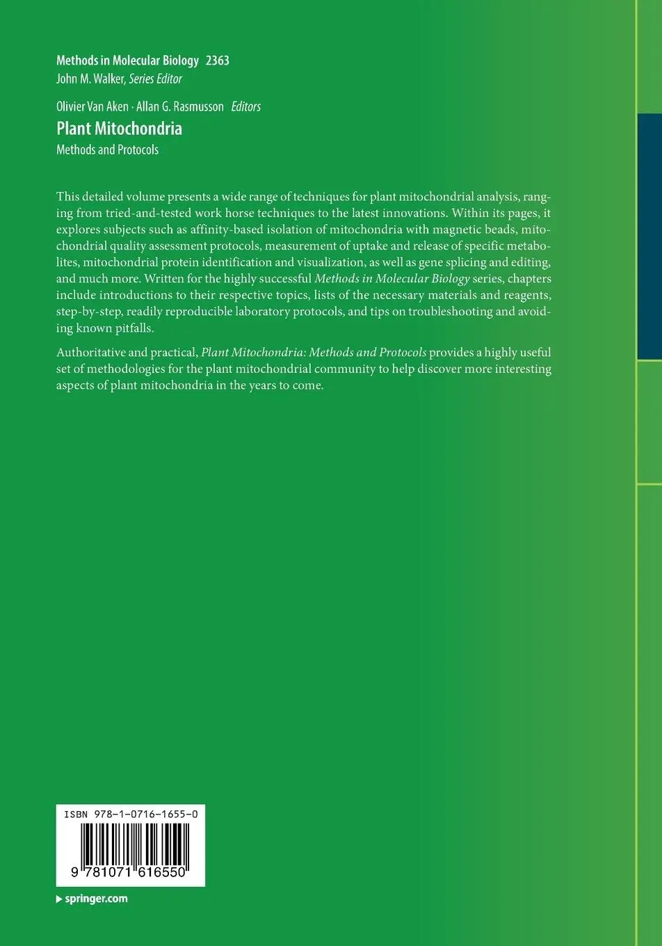 Rückseite: 9781071616550 | Plant Mitochondria | Methods and Protocols | Rasmusson (u. a.) | Buch