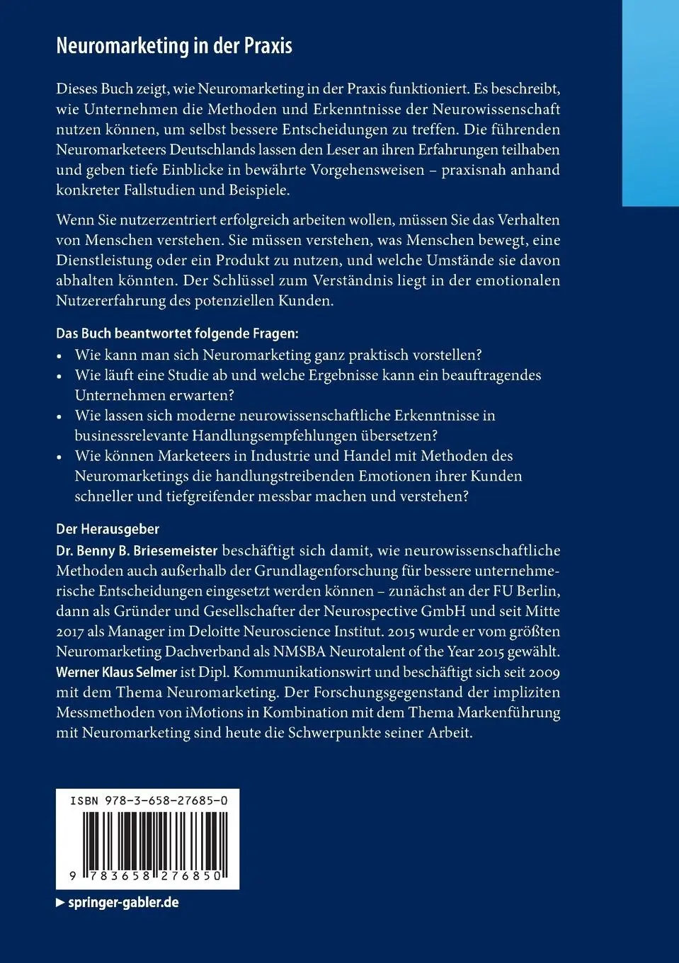 Rückseite: 9783658276850 | Neuromarketing in der Praxis | Werner Klaus Selmer (u. a.) | Buch