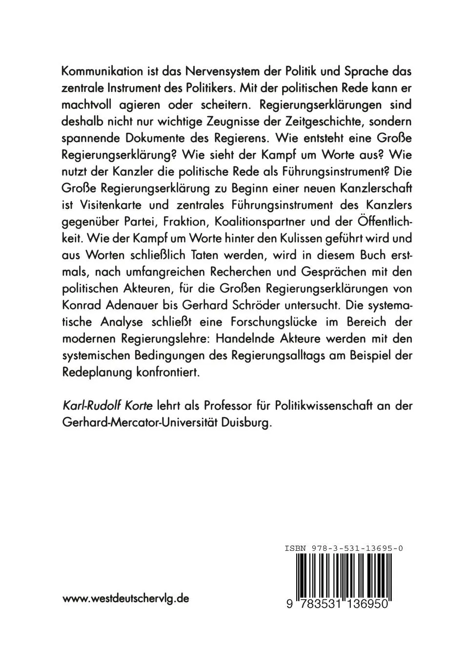 Rückseite: 9783531136950 | Das Wort hat der Herr Bundeskanzler | Karl-Rudolf Korte | Taschenbuch