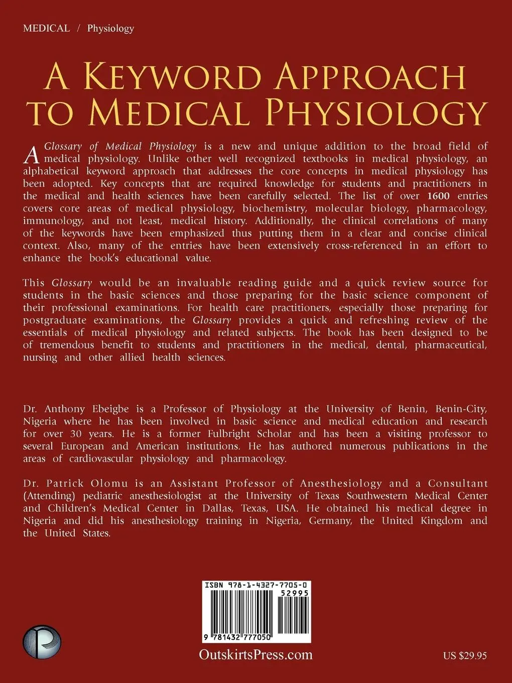 Rückseite: 9781432777050 | A Glossary of Medical Physiology | Anthony B. Ebeigbe (u. a.) | Buch