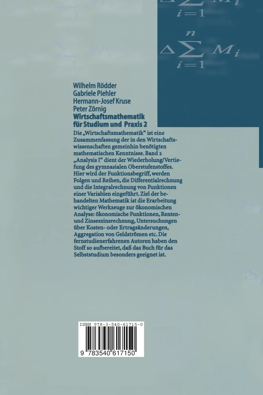 Rückseite: 9783540617150 | Wirtschaftsmathematik für Studium und Praxis 2 | Analysis I | Buch