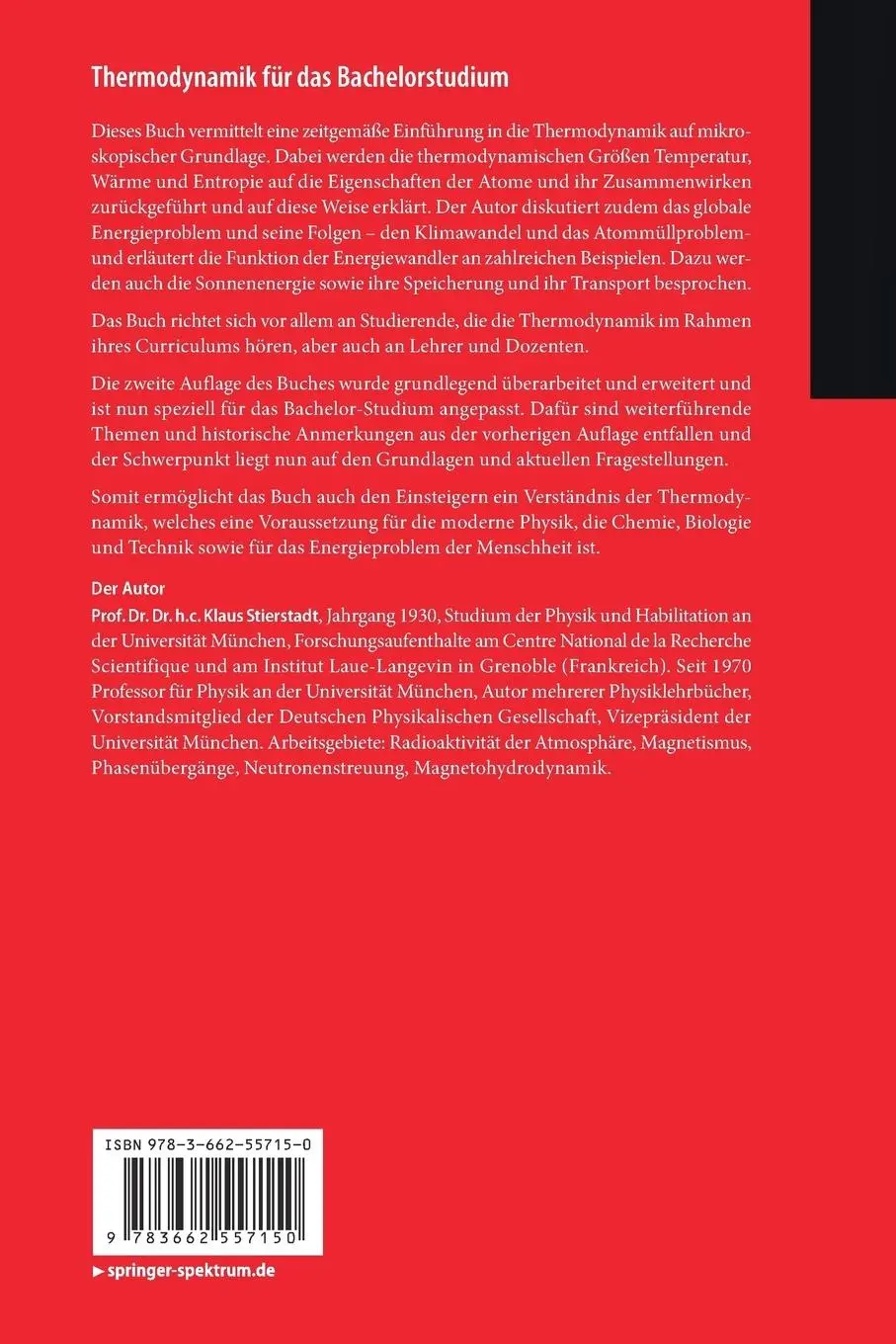 Rückseite: 9783662557150 | Thermodynamik für das Bachelorstudium | Klaus Stierstadt | Taschenbuch