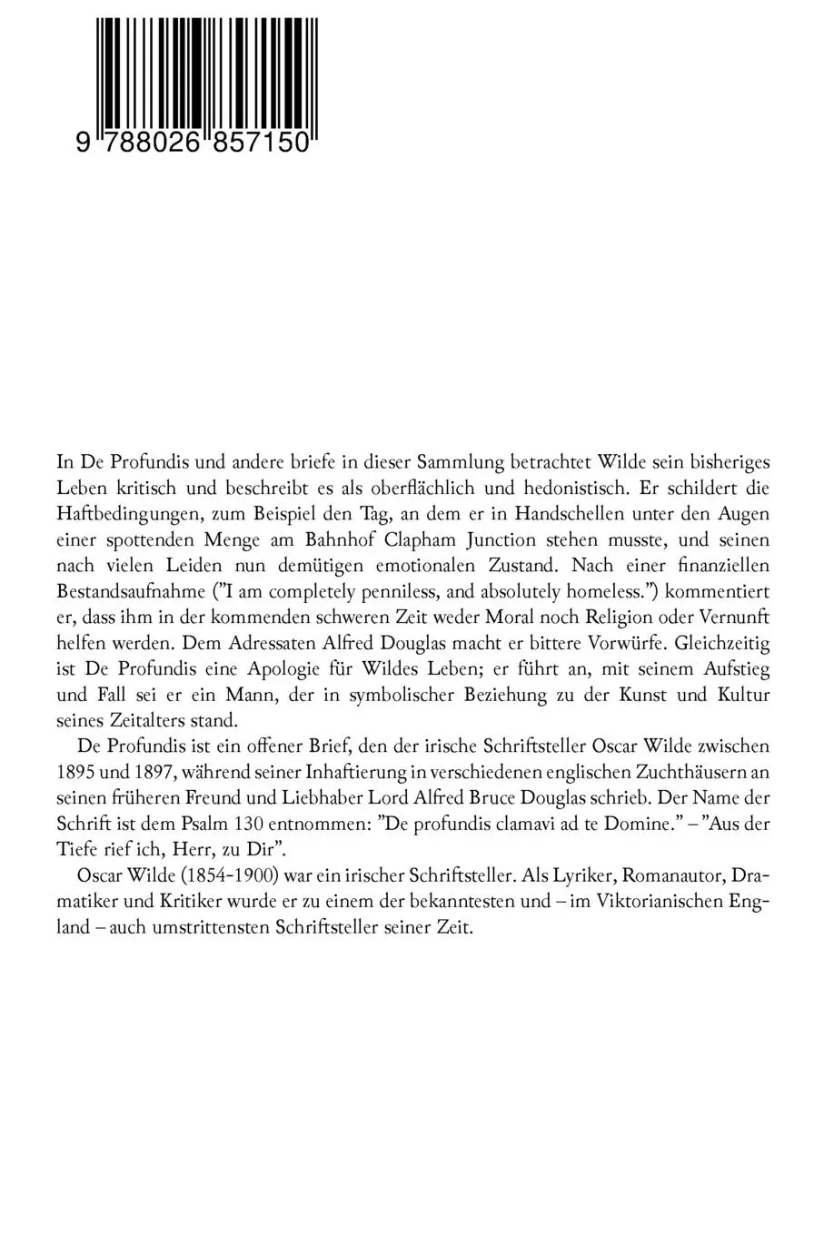 Rückseite: 9788026857150 | De Profundis | Metaphysische Schriften &amp; Briefe aus dem Gefängnis
