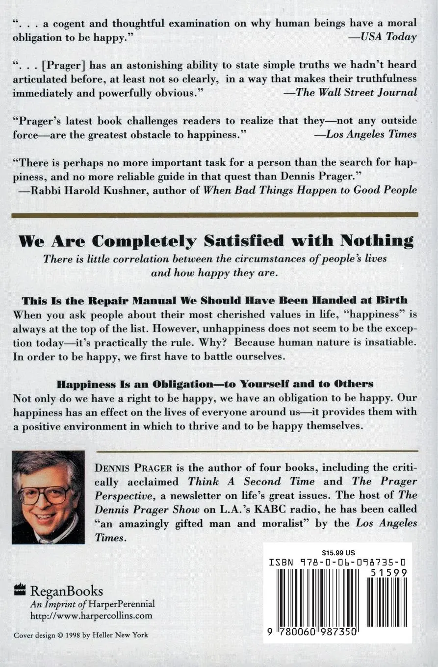 Rückseite: 9780060987350 | Happiness Is a Serious Problem | A Human Nature Repair Manual | Prager