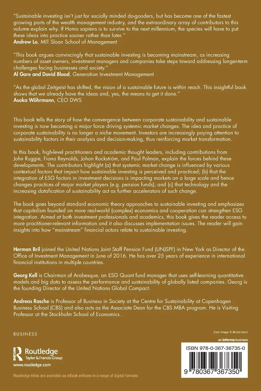 Rückseite: 9780367367350 | Sustainable Investing | A Path to a New Horizon | Herman Bril (u. a.)
