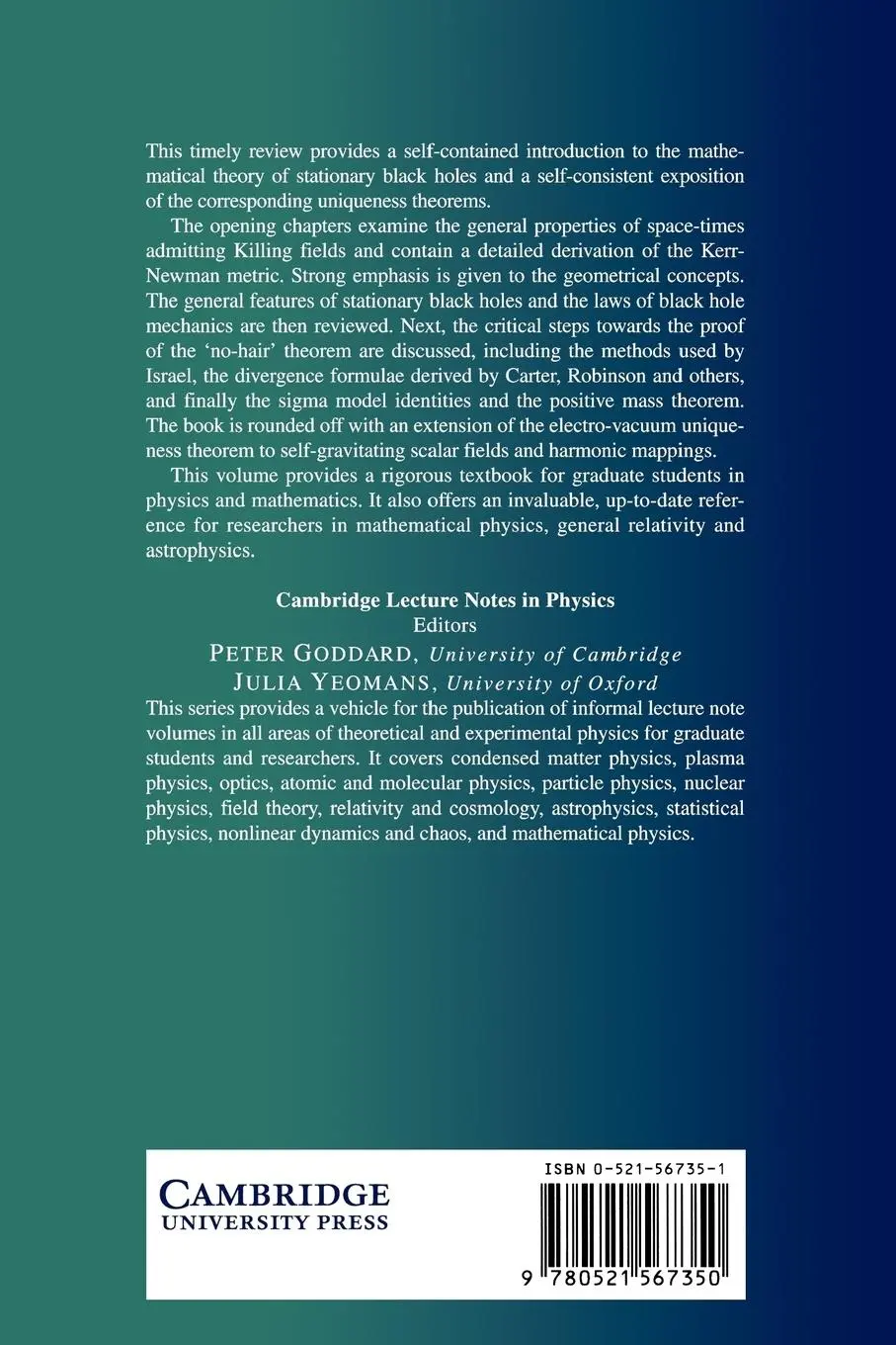 Rückseite: 9780521567350 | Black Hole Uniqueness Theorems | Markus Heusler | Taschenbuch | 2003