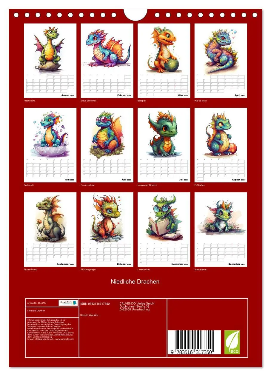 Bild: 9783516317350 | Niedliche Drachen (Wandkalender 2026 DIN A4 hoch), CALVENDO...