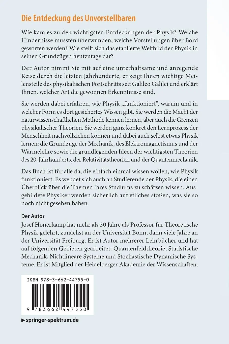Rückseite: 9783662447550 | Die Entdeckung des Unvorstellbaren | Josef Honerkamp | Taschenbuch
