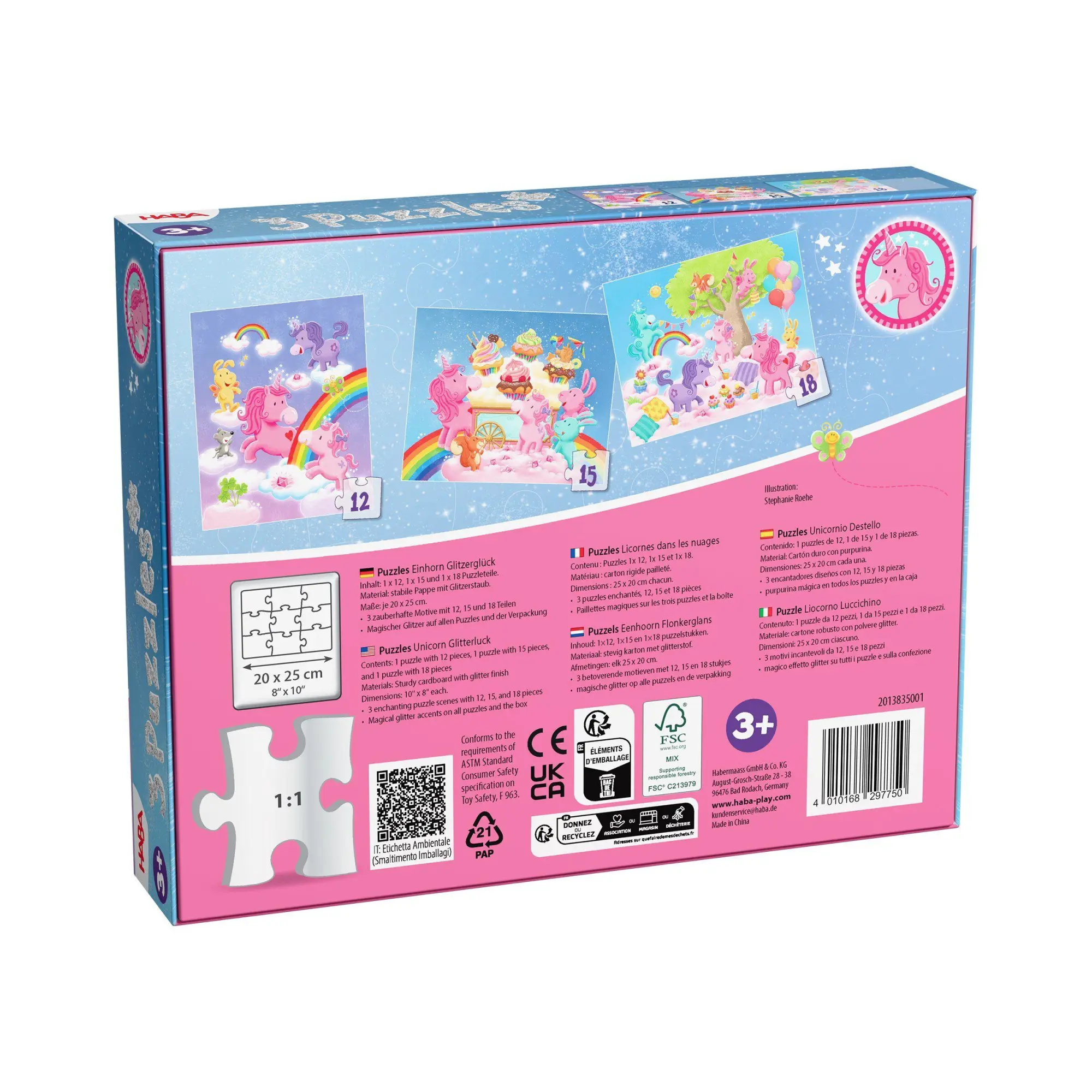 Bild: 4010168297750 | 3 Puzzles - Einhorn Glitzerglück 12/15/18 Teile | Christiane Hüpper