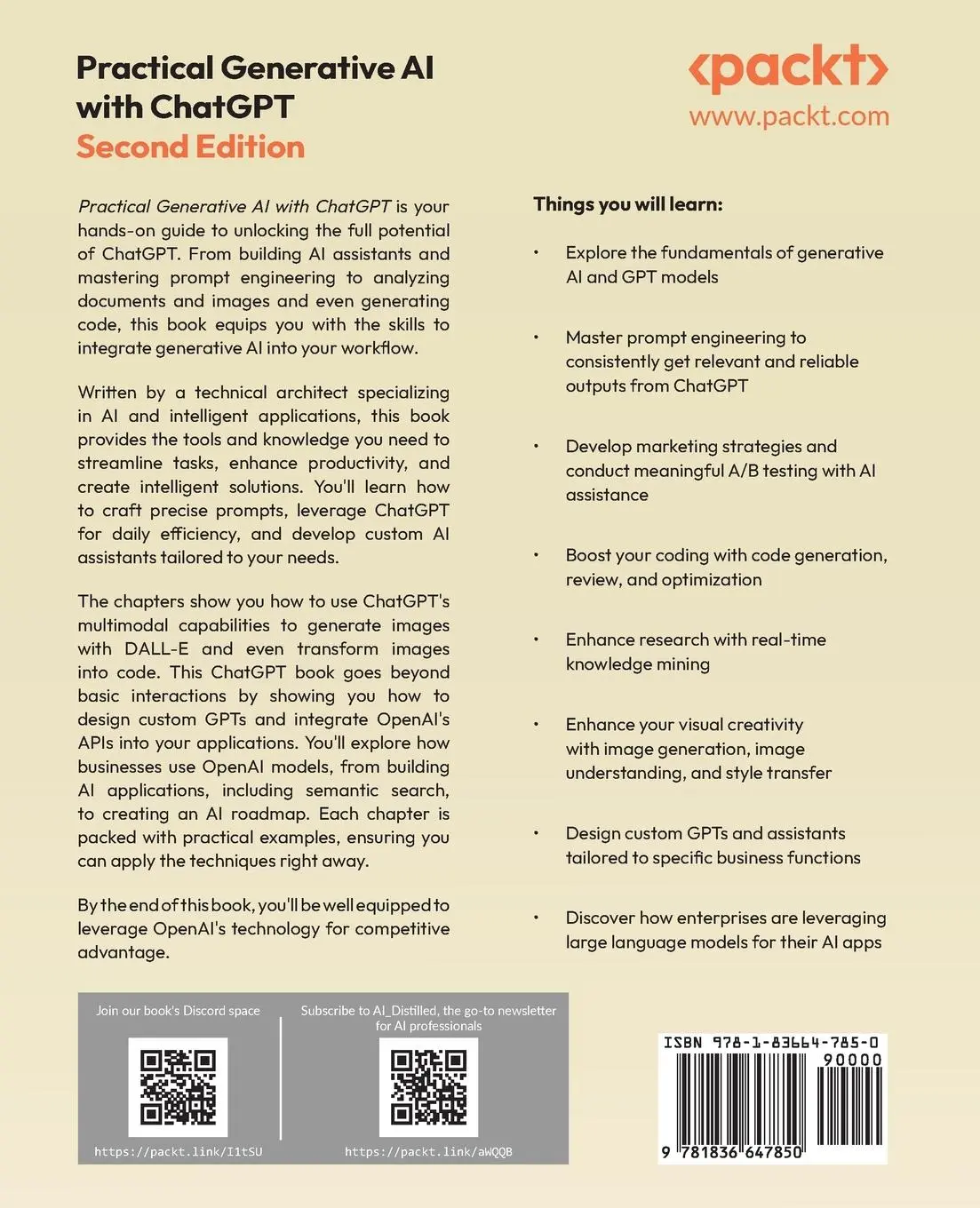 Rückseite: 9781836647850 | Practical Generative AI with ChatGPT - Second Edition | Valentina Alto