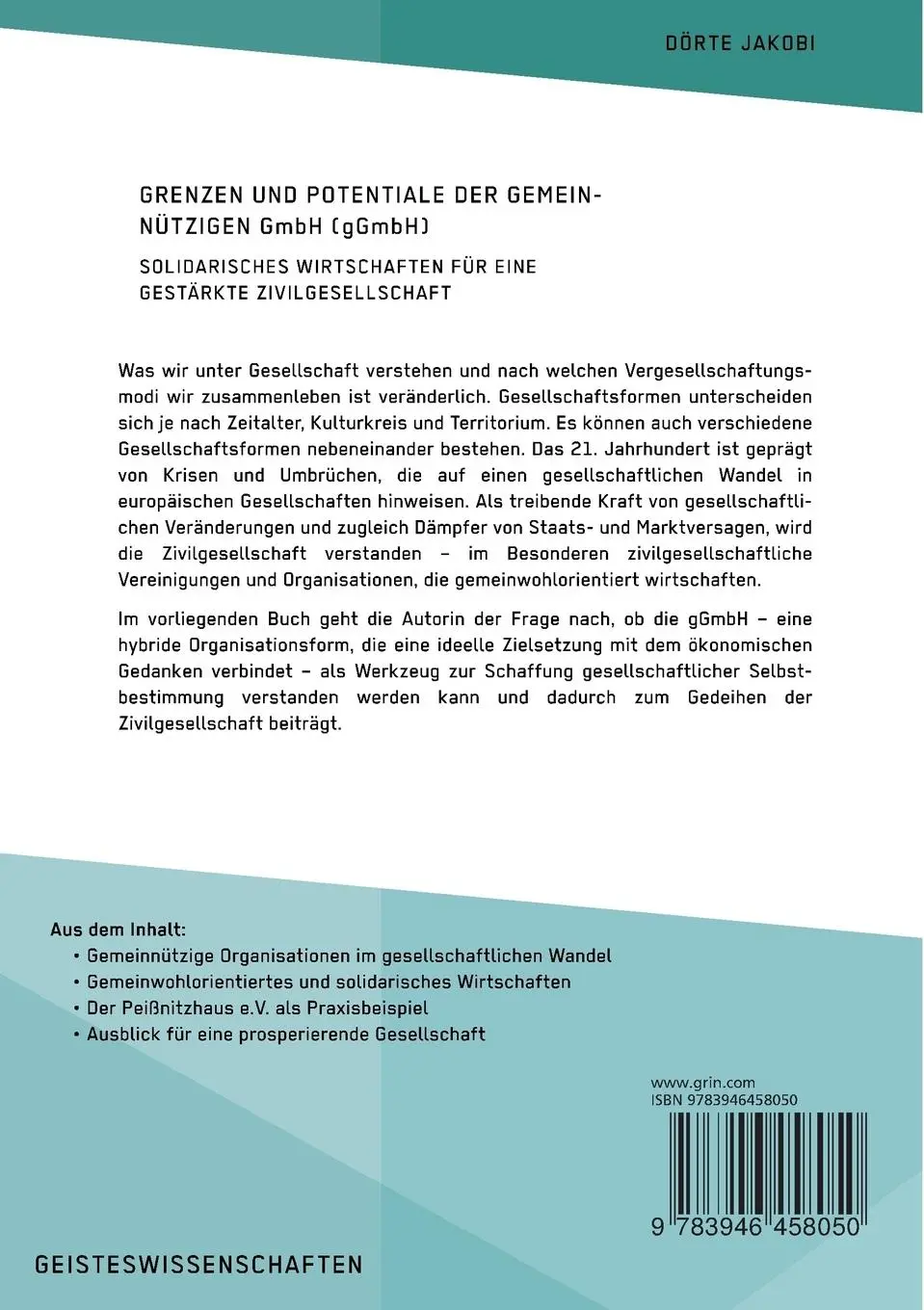 Rückseite: 9783946458050 | Grenzen und Potenziale der gemeinnützigen GmbH (gGmbH) | Dörte Jacobi