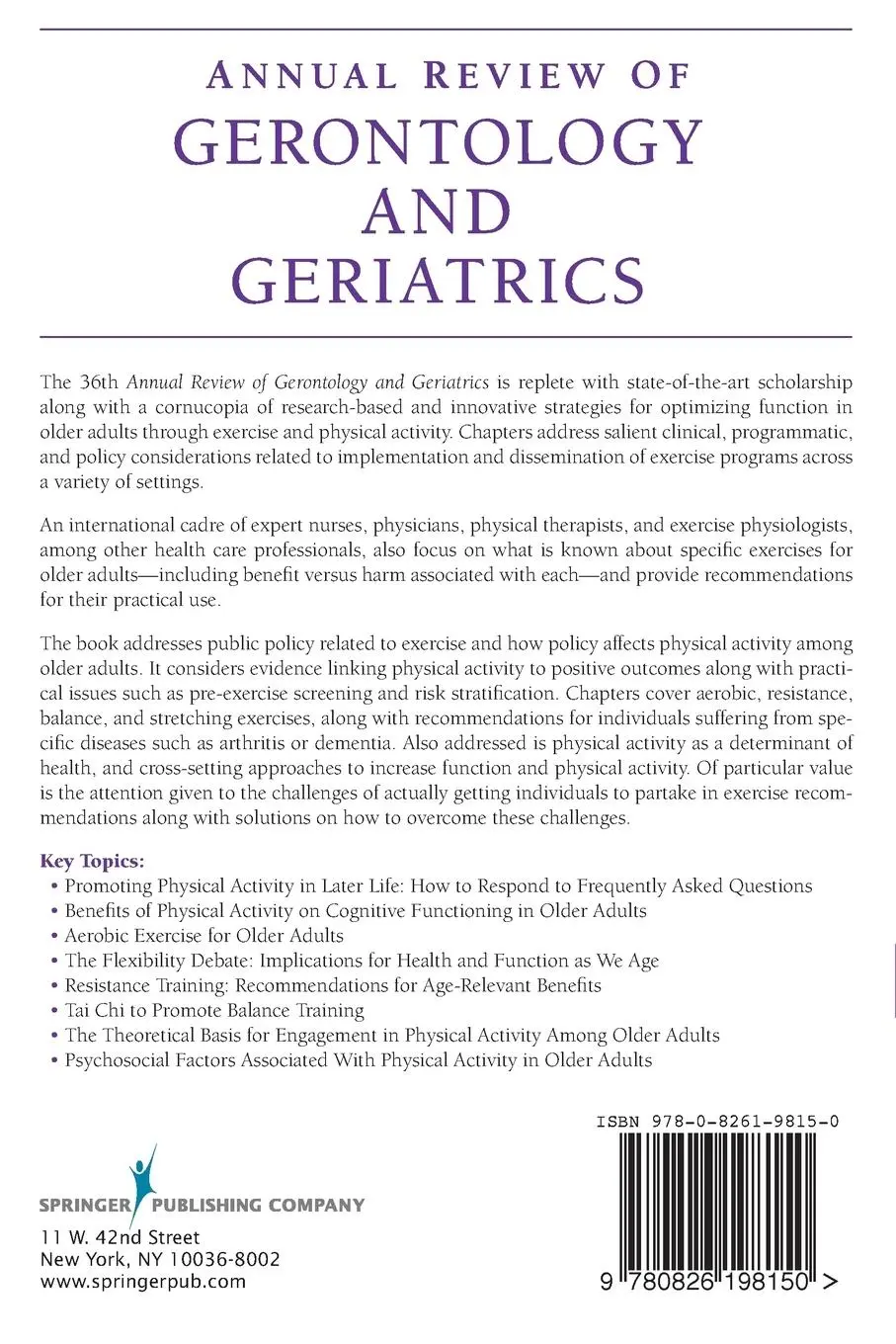 Rückseite: 9780826198150 | Annual Review of Gerontology and Geriatrics, Volume 36, 2016 | Buch