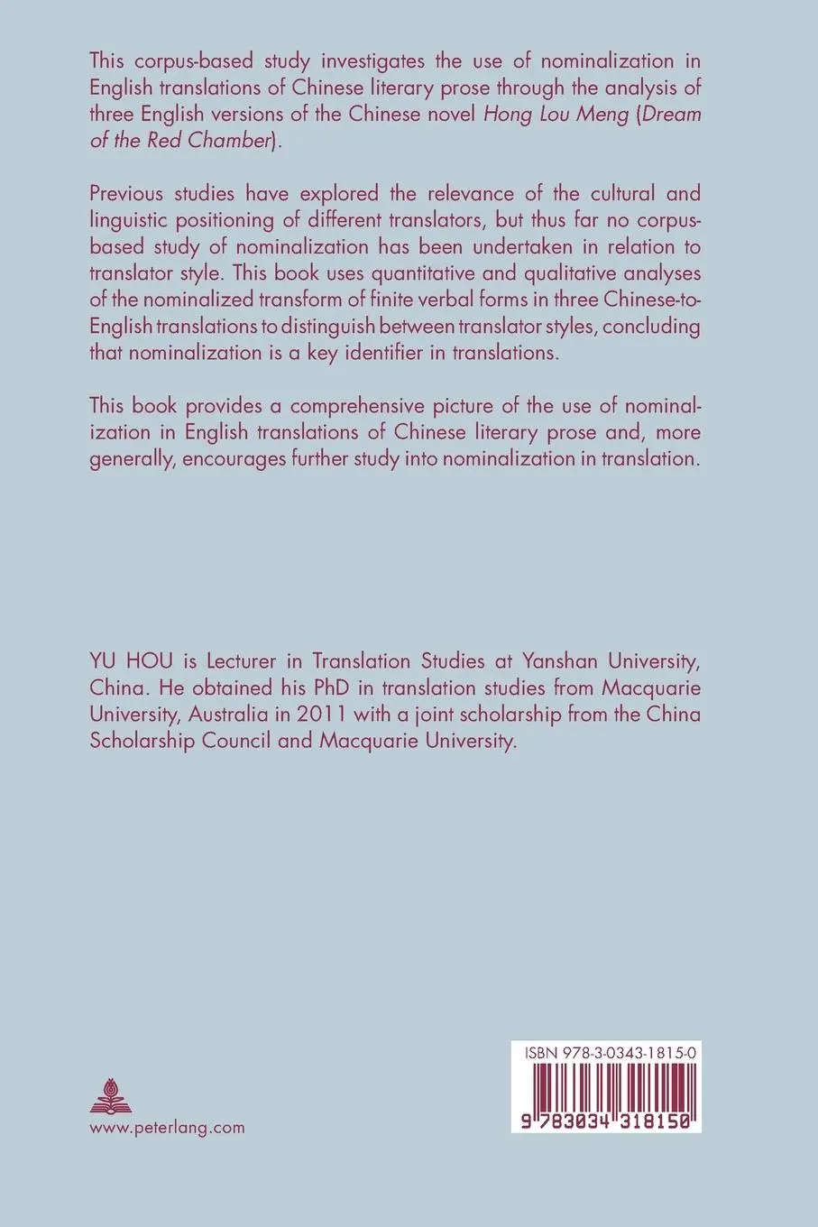 Rückseite: 9783034318150 | A Corpus-Based Study of Nominalization in Translations of Chinese...