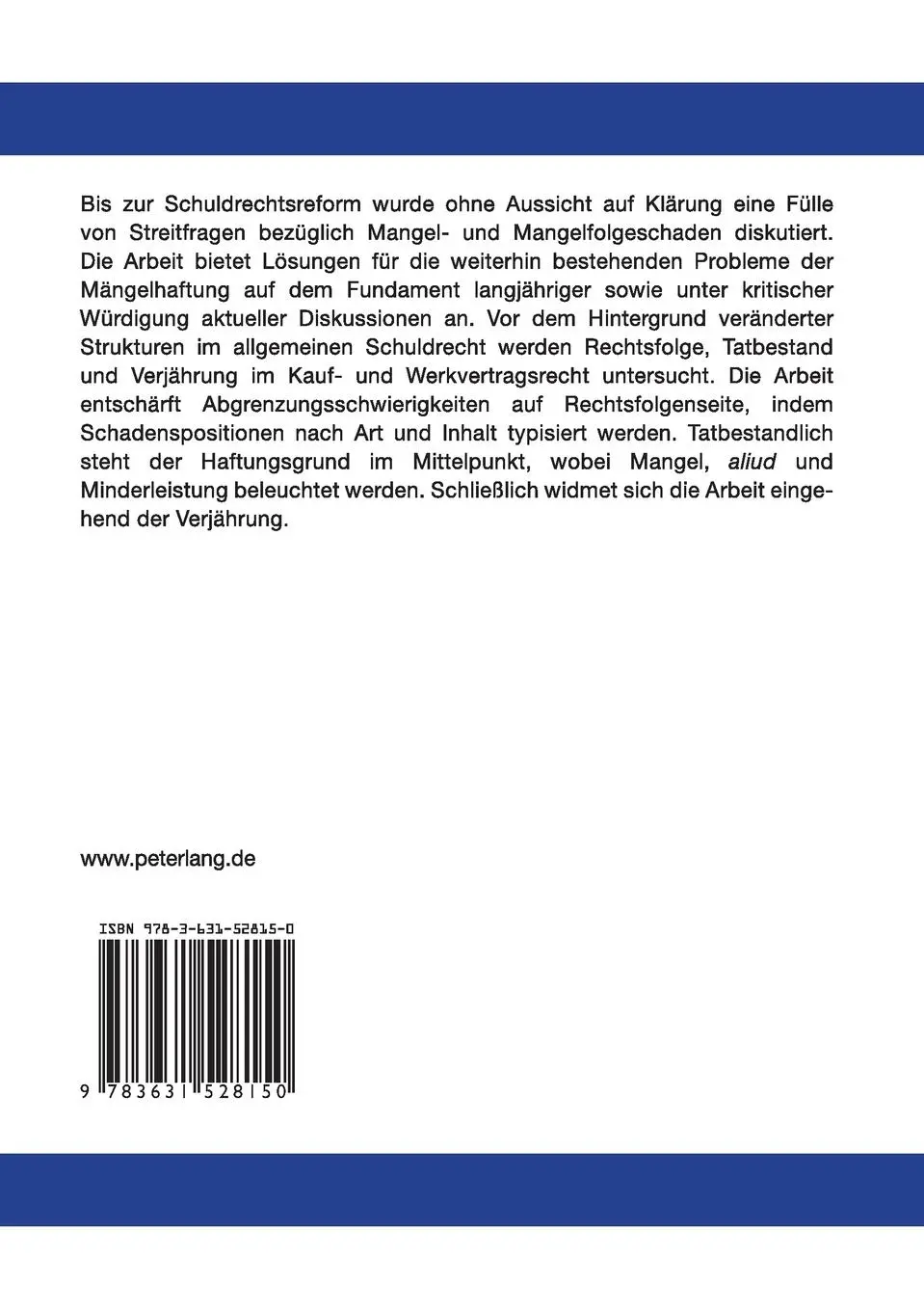 Rückseite: 9783631528150 | Die Mängelhaftung im neuen Schuldrecht | Frank Wältermann | Buch