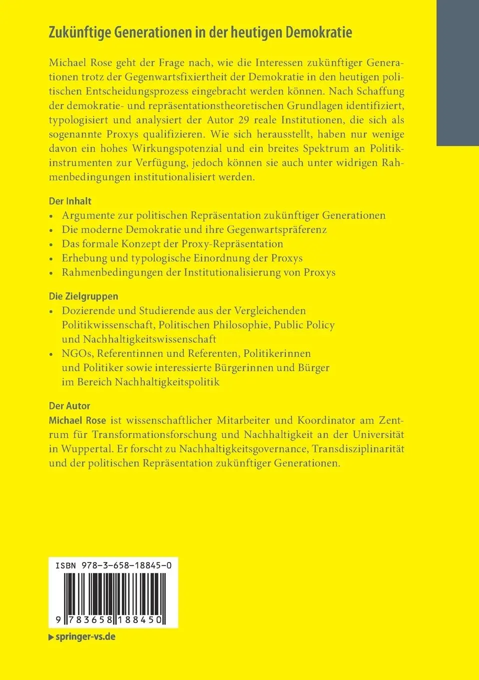 Rückseite: 9783658188450 | Zukünftige Generationen in der heutigen Demokratie | Michael Rose