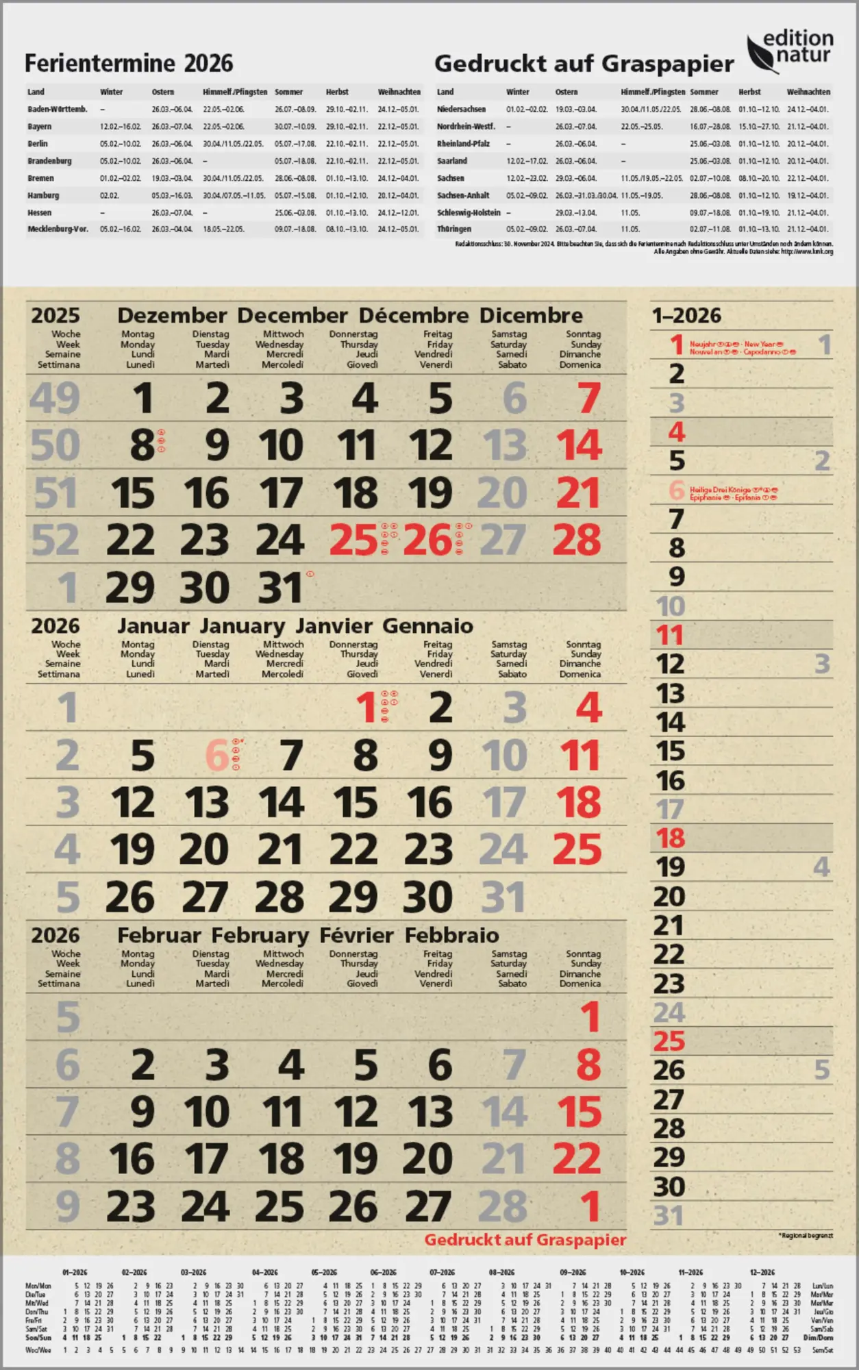 Cover: 9783731888550 | 3-Monats-Planer Combi Graspapier 2026 | Verlag Korsch | Kalender