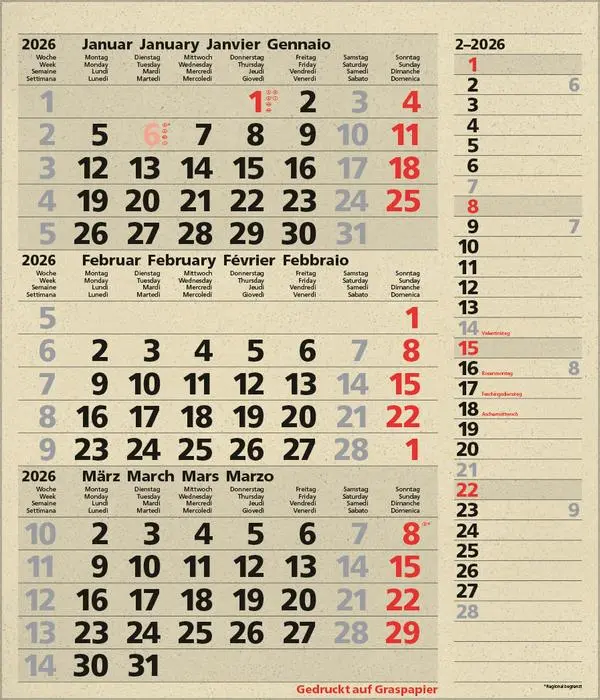 Bild: 9783731888550 | 3-Monats-Planer Combi Graspapier 2026 | Verlag Korsch | Kalender