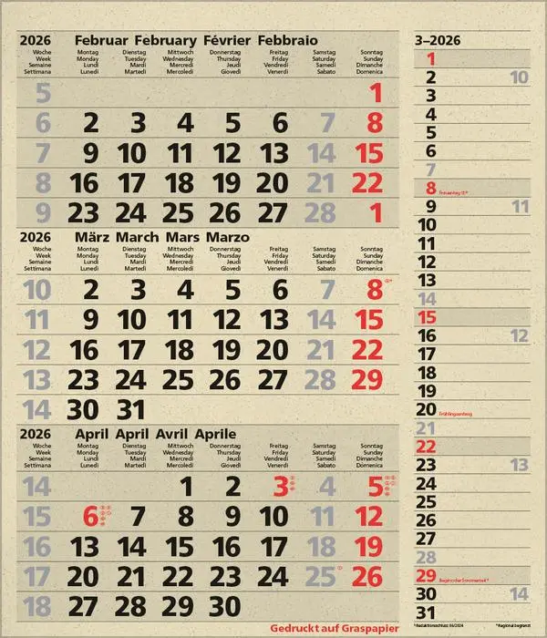Bild: 9783731888550 | 3-Monats-Planer Combi Graspapier 2026 | Verlag Korsch | Kalender