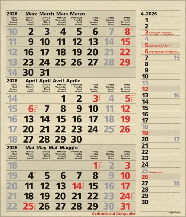 Bild: 9783731888550 | 3-Monats-Planer Combi Graspapier 2026 | Verlag Korsch | Kalender