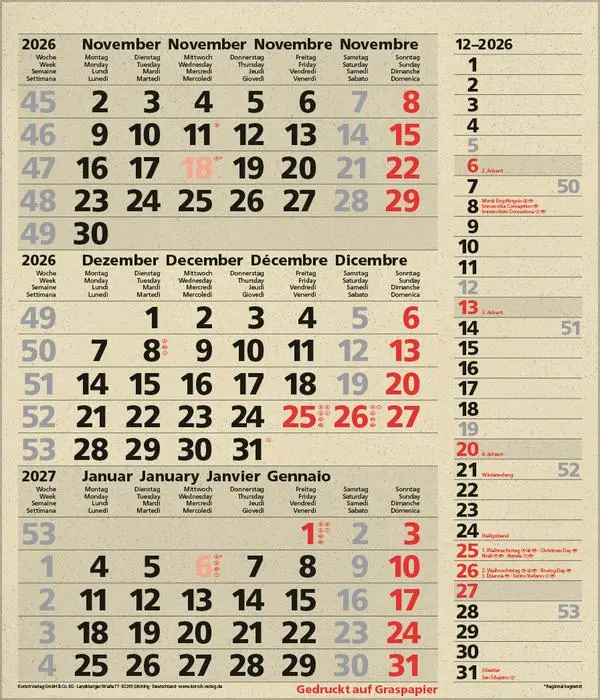 Bild: 9783731888550 | 3-Monats-Planer Combi Graspapier 2026 | Verlag Korsch | Kalender