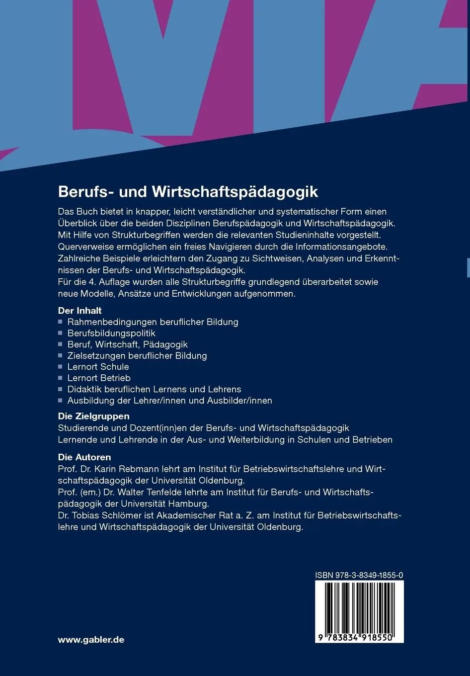 Rückseite: 9783834918550 | Berufs- und Wirtschaftspädagogik | Eine Einführung in Strukturbegriffe