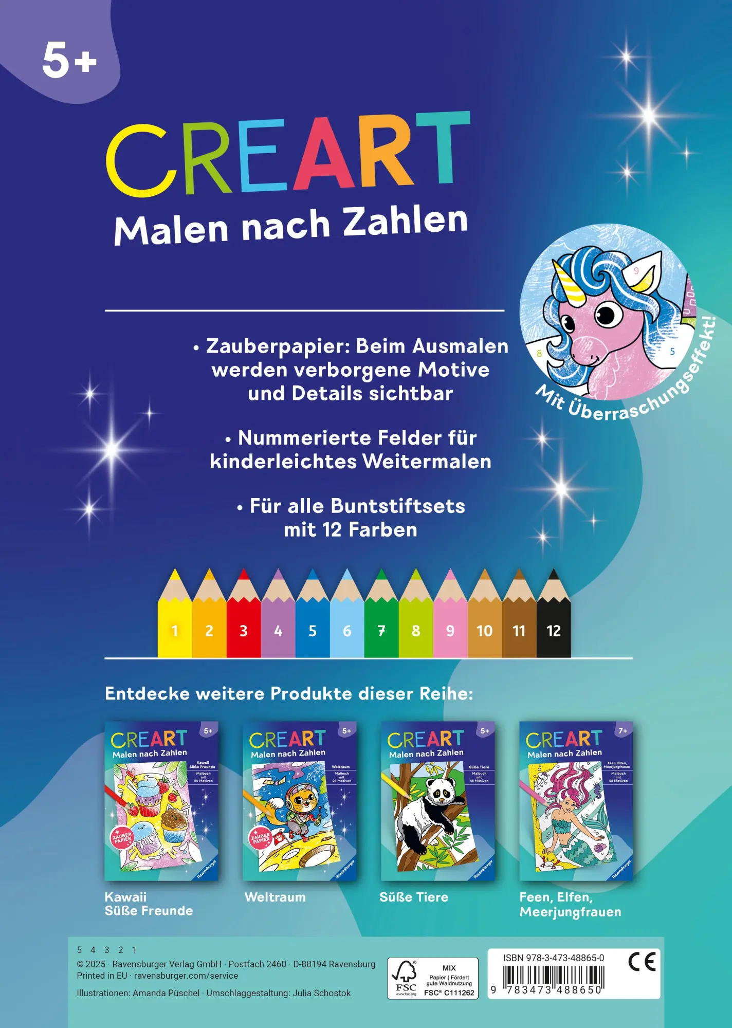 Rückseite: 9783473488650 | CreArt Malen nach Zahlen ab 5 - Zauberpapier: Einhorn Zauber | Püschel