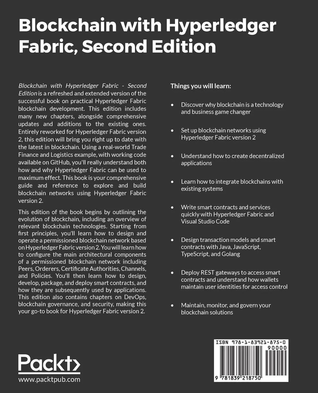 Rückseite: 9781839218750 | Blockchain with Hyperledger Fabric, Second Edition | Gaur (u. a.)