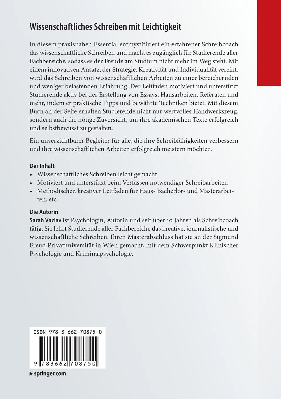 Rückseite: 9783662708750 | Wissenschaftliches Schreiben mit Leichtigkeit | Sarah Vaclav | Buch