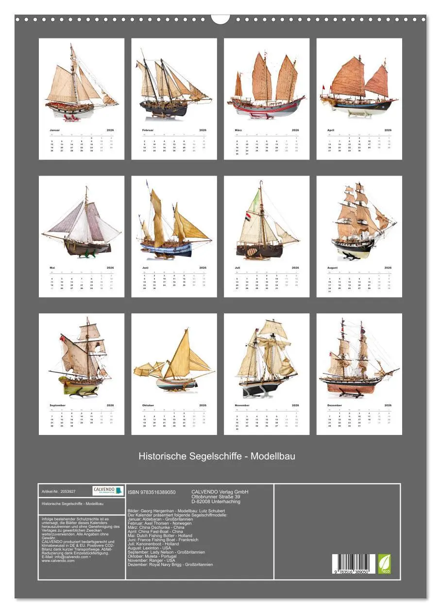 Bild: 9783516389050 | Historische Segelschiffe - Modellbau (Wandkalender 2026 DIN A2...