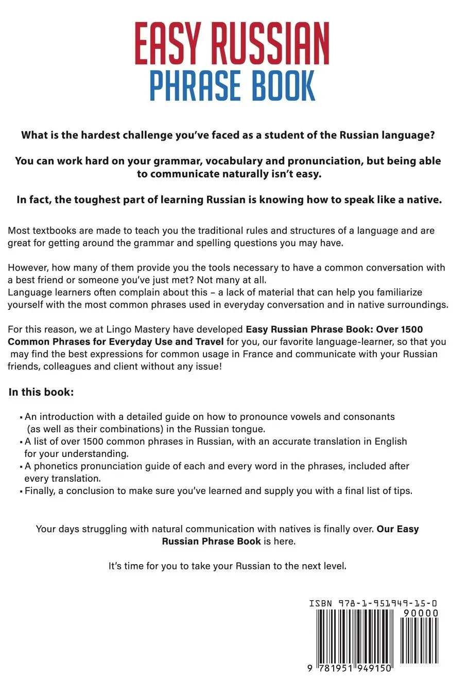 Rückseite: 9781951949150 | Easy Russian Phrase Book | Lingo Mastery | Taschenbuch | Englisch