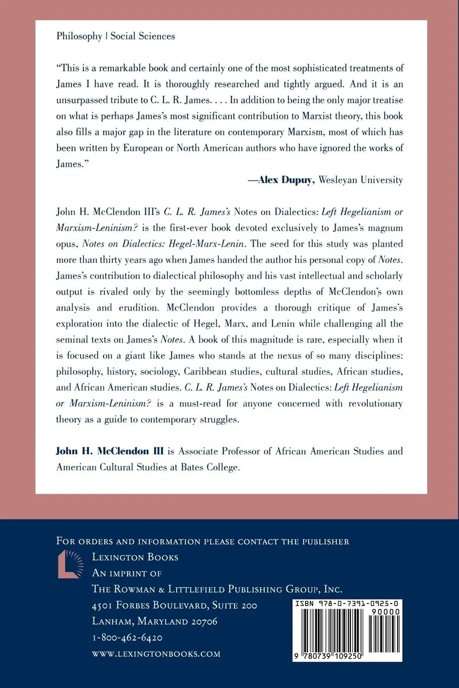 Rückseite: 9780739109250 | CLR James's Notes on Dialectics | John H. Mcclendon | Taschenbuch