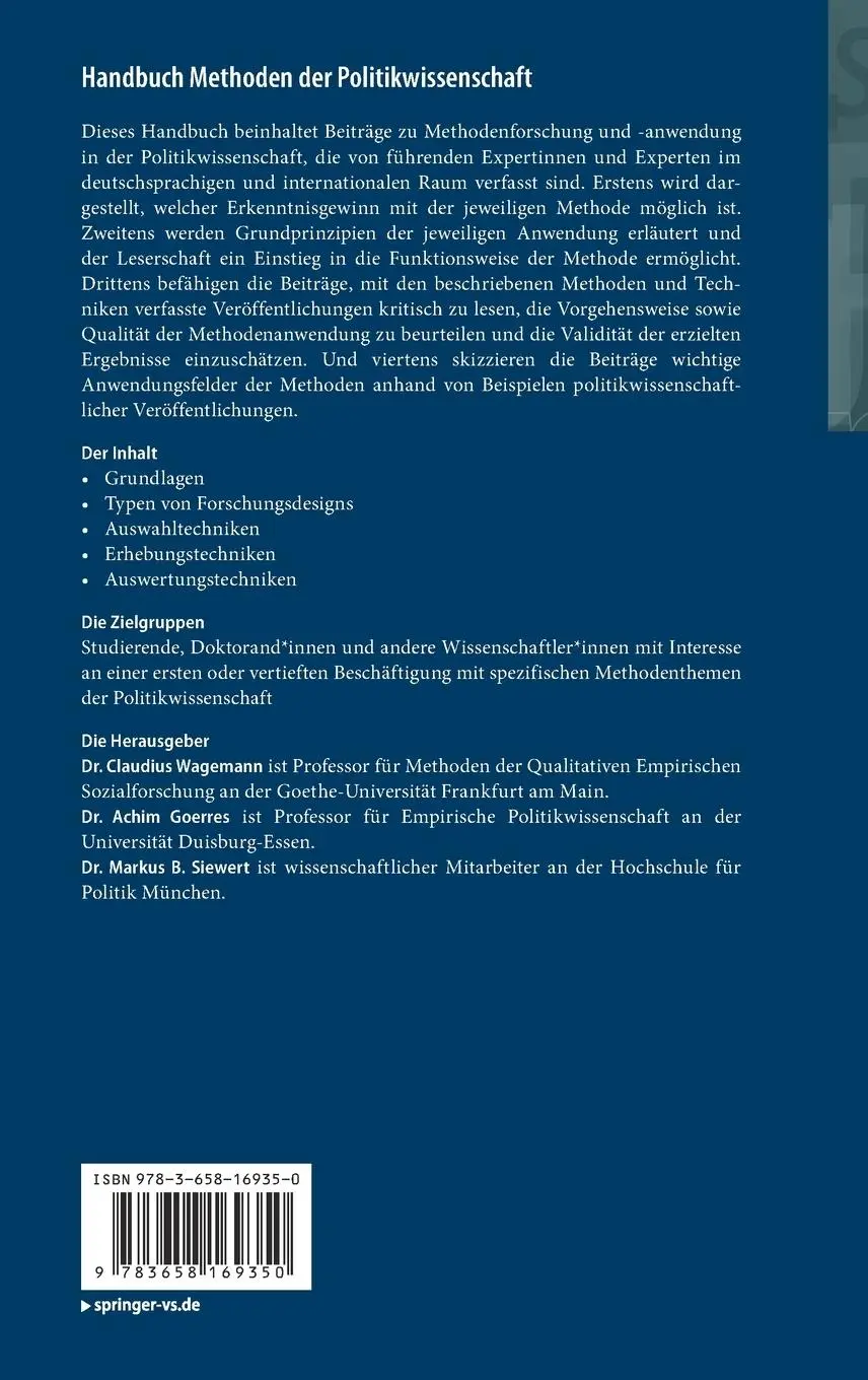 Rückseite: 9783658169350 | Handbuch Methoden der Politikwissenschaft | Claudius Wagemann (u. a.)