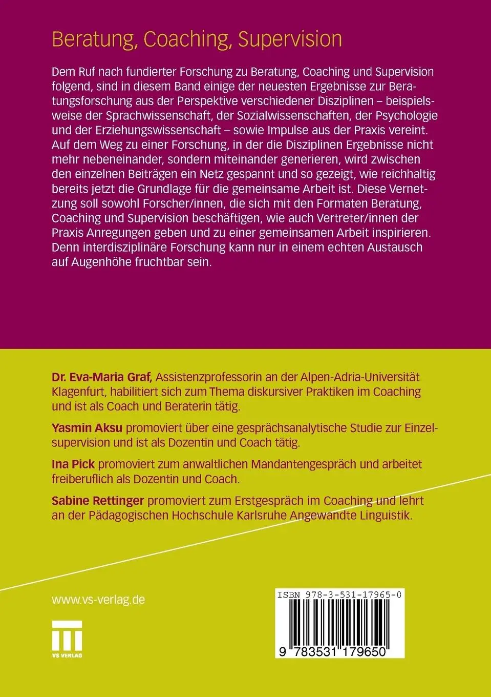 Rückseite: 9783531179650 | Beratung, Coaching, Supervision | Eva-Maria Graf (u. a.) | Taschenbuch