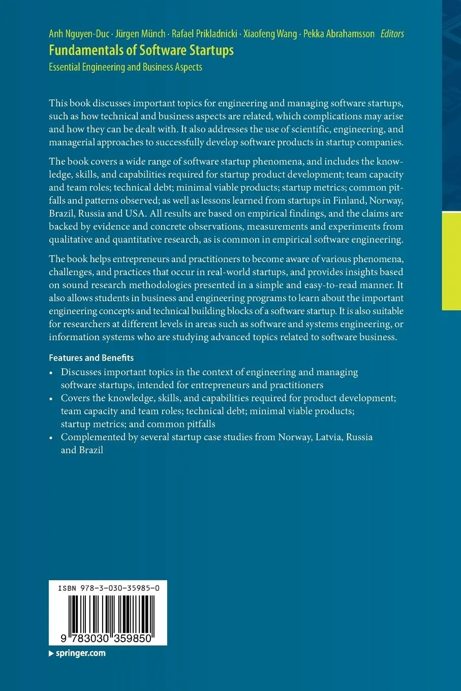 Rückseite: 9783030359850 | Fundamentals of Software Startups | Anh Nguyen-Duc (u. a.) | Buch | xx