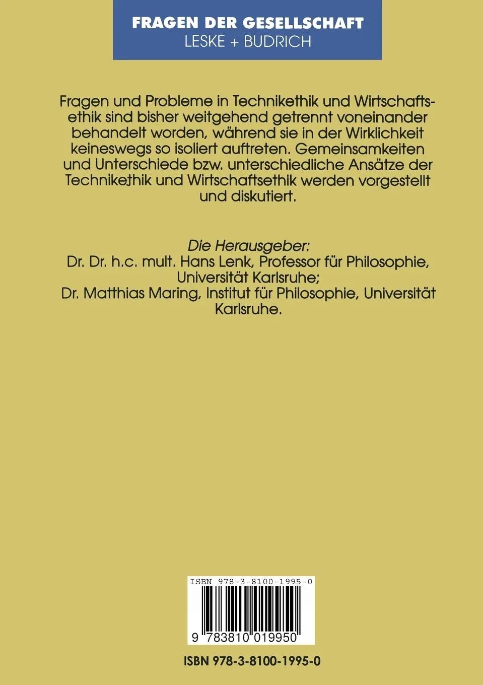 Rückseite: 9783810019950 | Technikethik und Wirtschaftsethik | Fragen der praktischen Philosophie