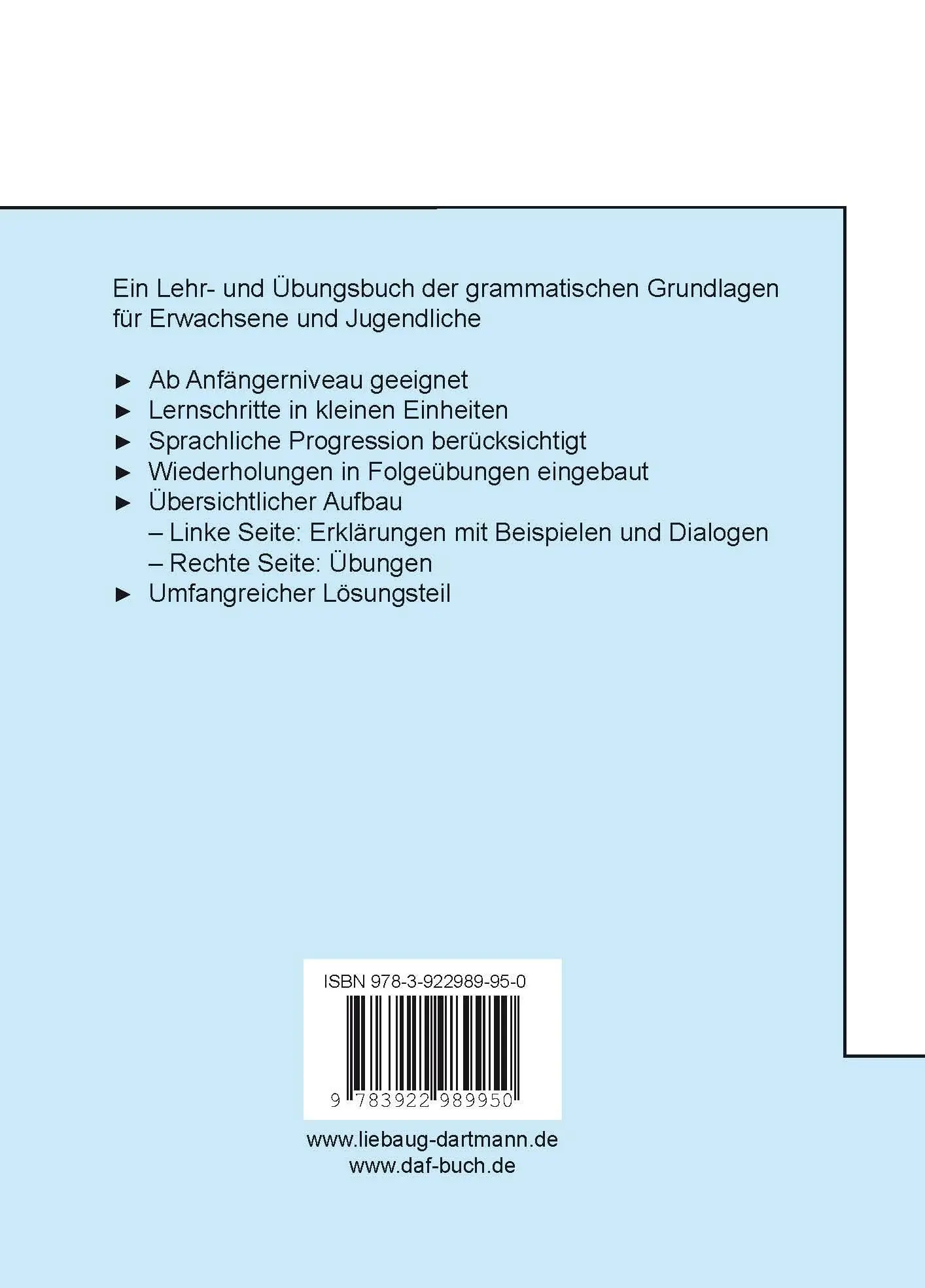 Rückseite: 9783922989950 | Deutsche Grammatik in kleinen Schritten Niveau A1- A2 | Stephan Lübke