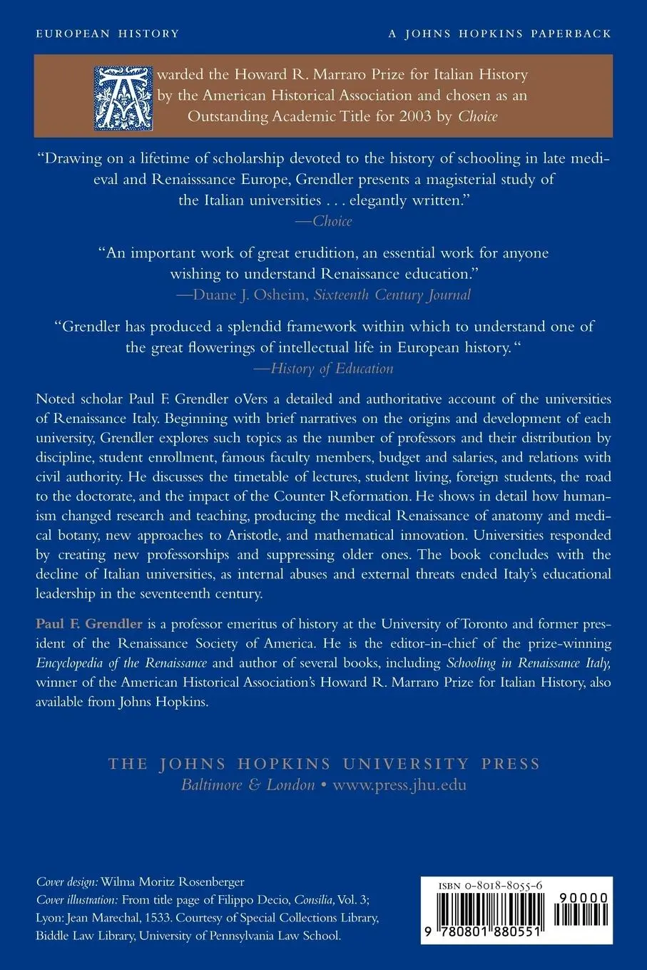 Rückseite: 9780801880551 | The Universities of the Italian Renaissance | Paul F. Grendler | Buch