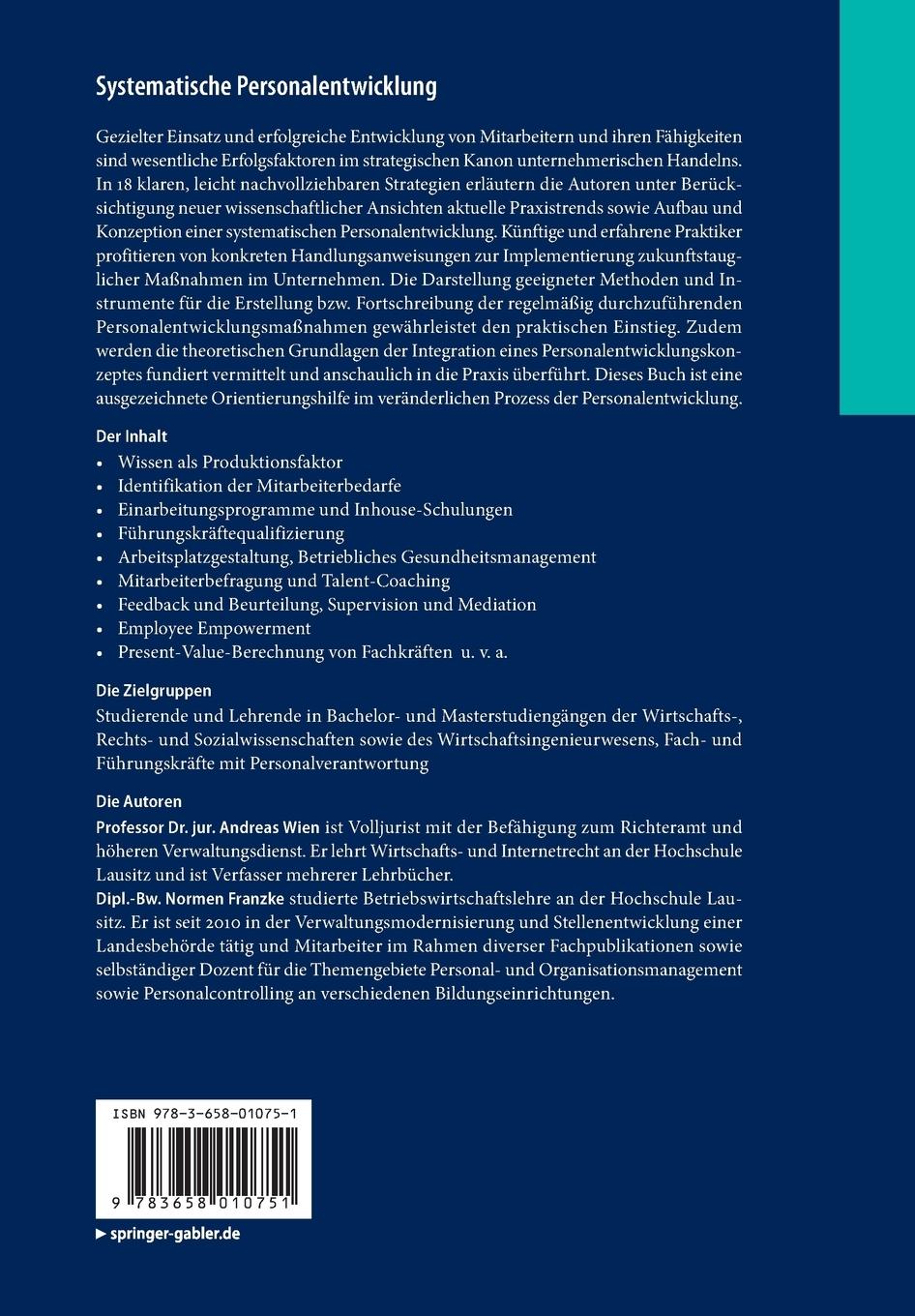 Rückseite: 9783658010751 | Systematische Personalentwicklung | Normen Franzke (u. a.) | Buch