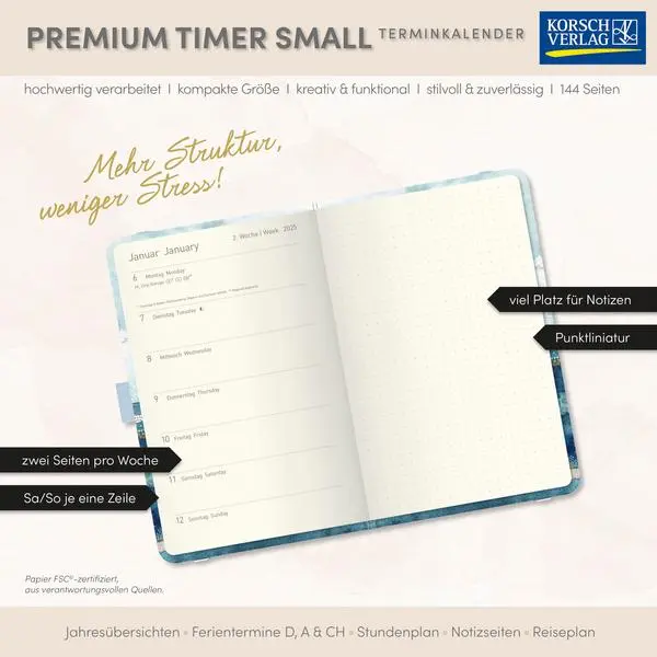 Bild: 9783731890751 | Premium Timer Small "Golden Waves" 2026 | Verlag Korsch | Buch | 2026