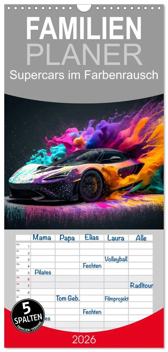 Cover: 9783516500851 | Familienplaner 2026 - Supercars im Farbenrausch mit 5 Spalten...