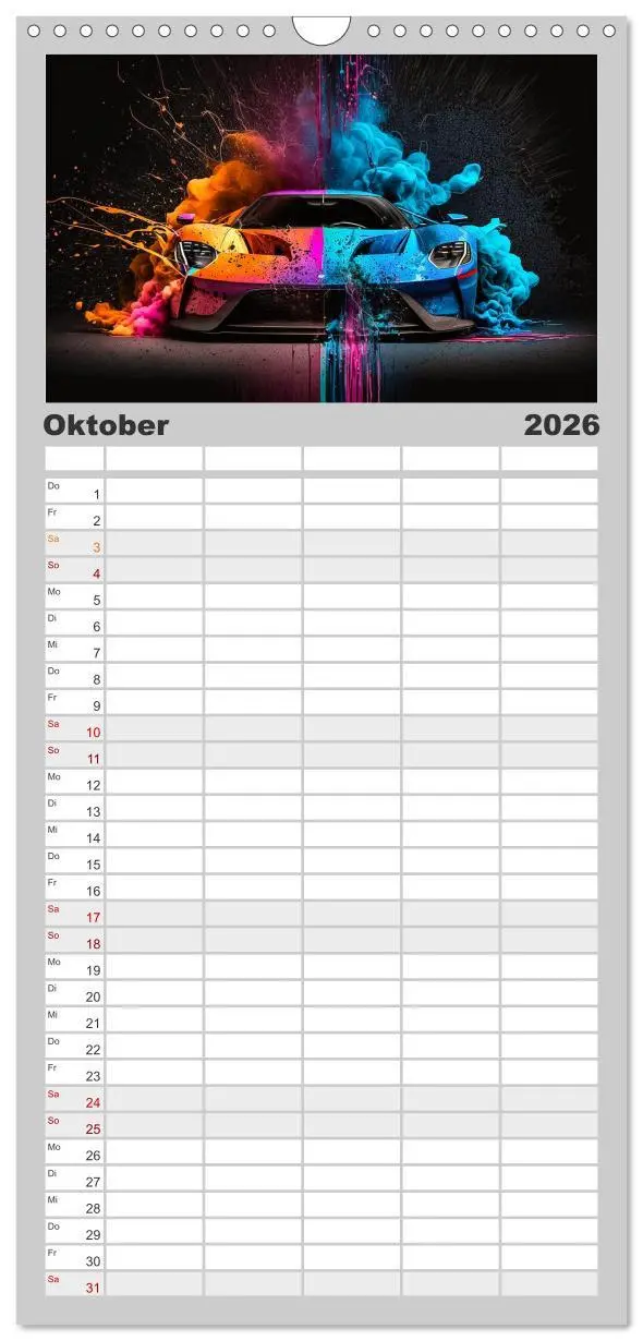 Bild: 9783516500851 | Familienplaner 2026 - Supercars im Farbenrausch mit 5 Spalten...