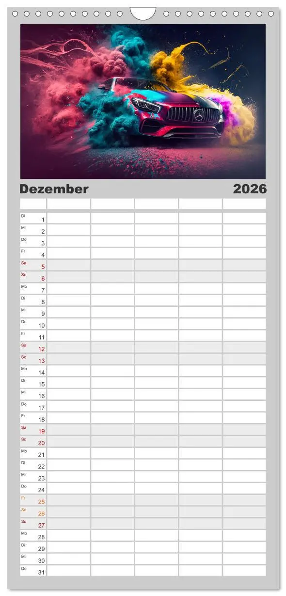 Bild: 9783516500851 | Familienplaner 2026 - Supercars im Farbenrausch mit 5 Spalten...