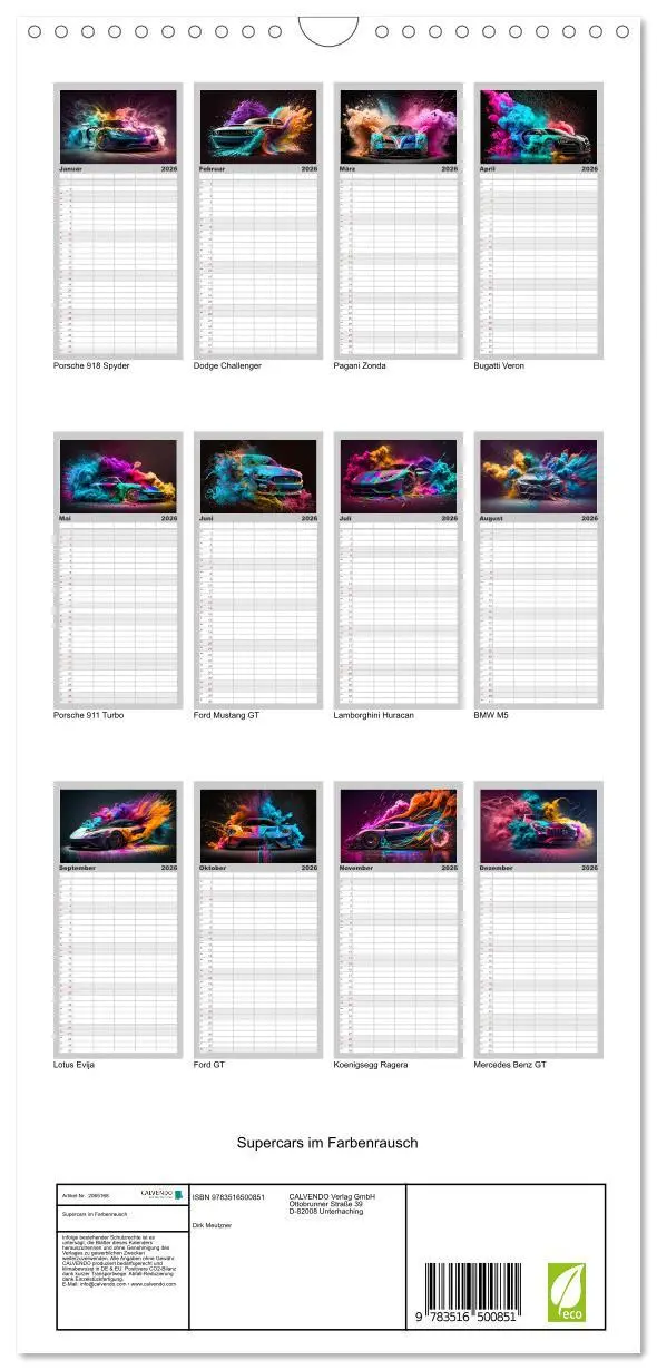 Bild: 9783516500851 | Familienplaner 2026 - Supercars im Farbenrausch mit 5 Spalten...