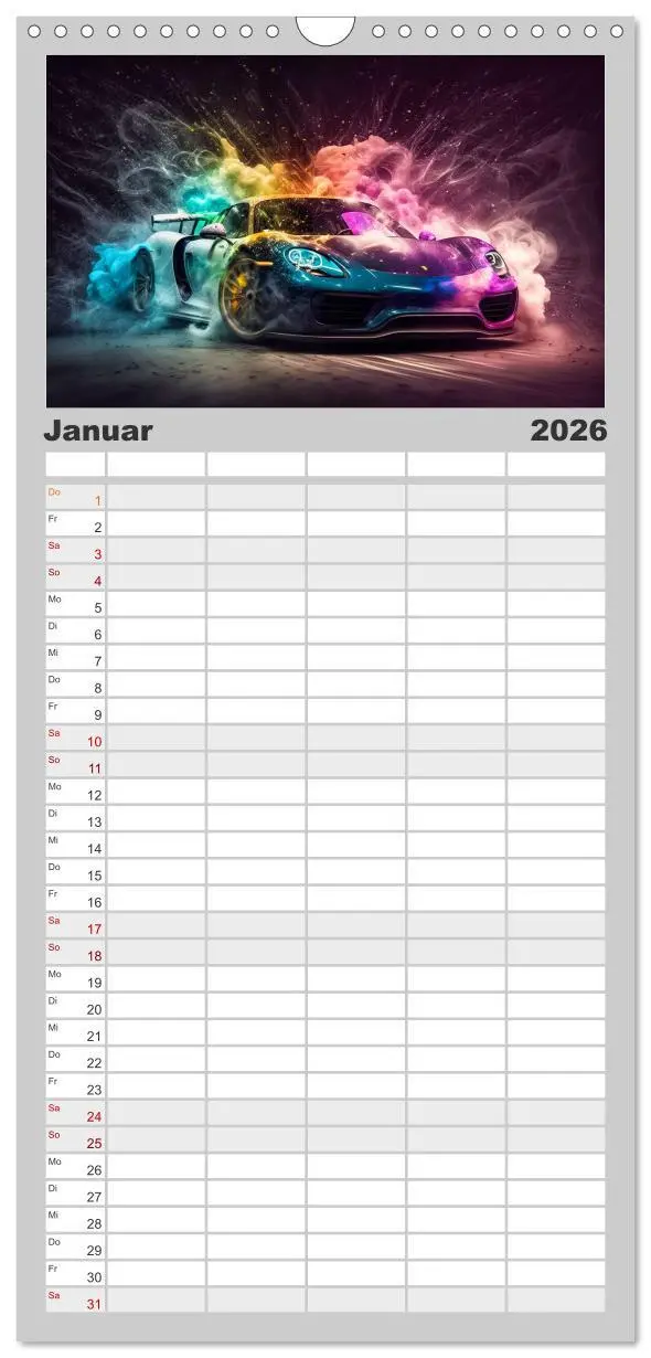 Bild: 9783516500851 | Familienplaner 2026 - Supercars im Farbenrausch mit 5 Spalten...
